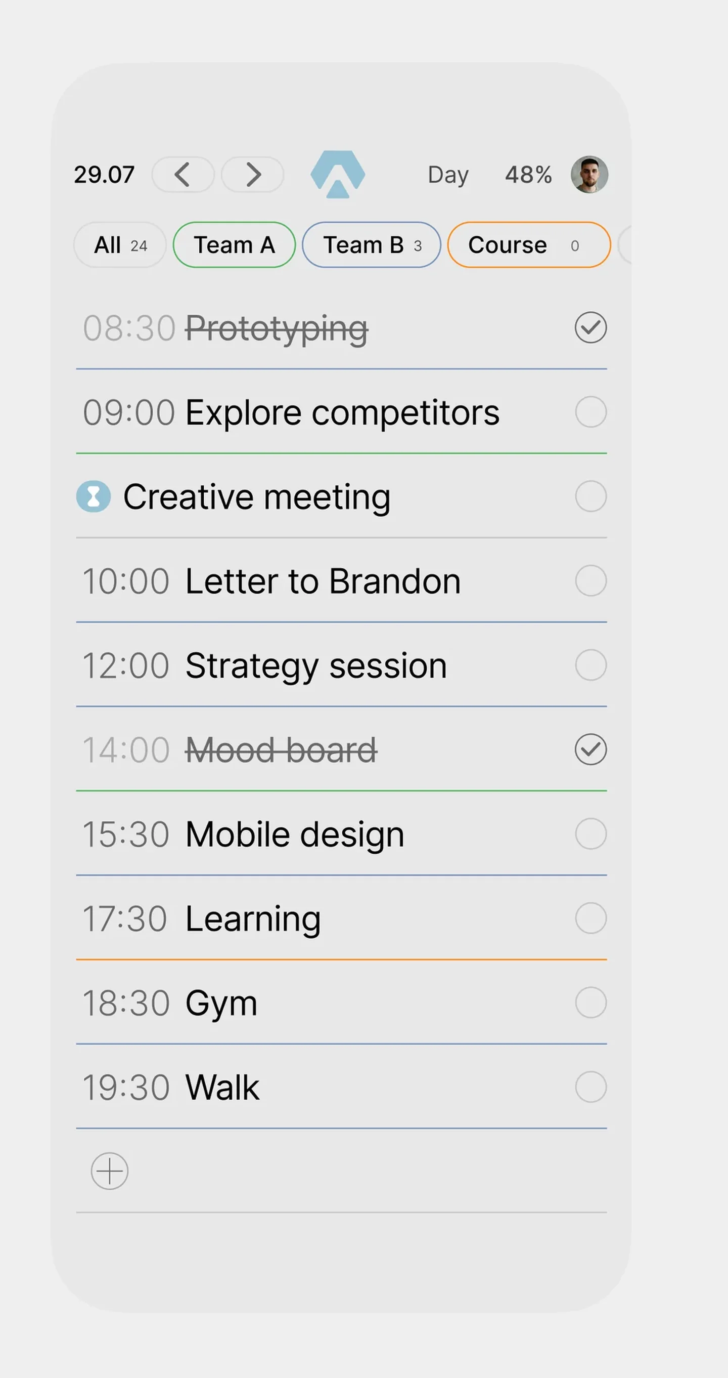 Aimgod day screen on iPhone: tasks with times, spheres and the daily progress