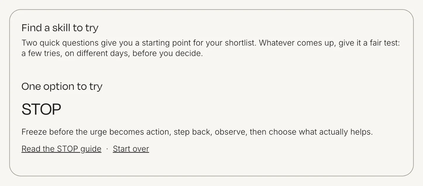 Find a skill to try on Axis showing STOP as the suggested skill