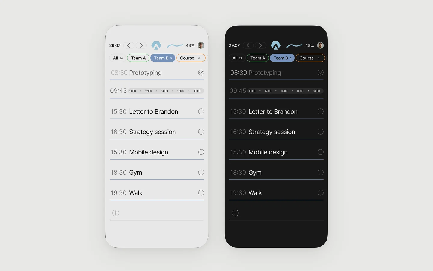 Екрани дня Aimgod на iPhone у світлій і темній темах