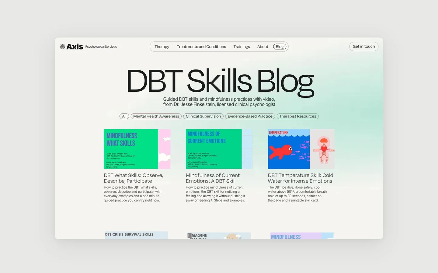 DBT Skills Blog на сайті Axis з керованими практиками і фільтрами за темами