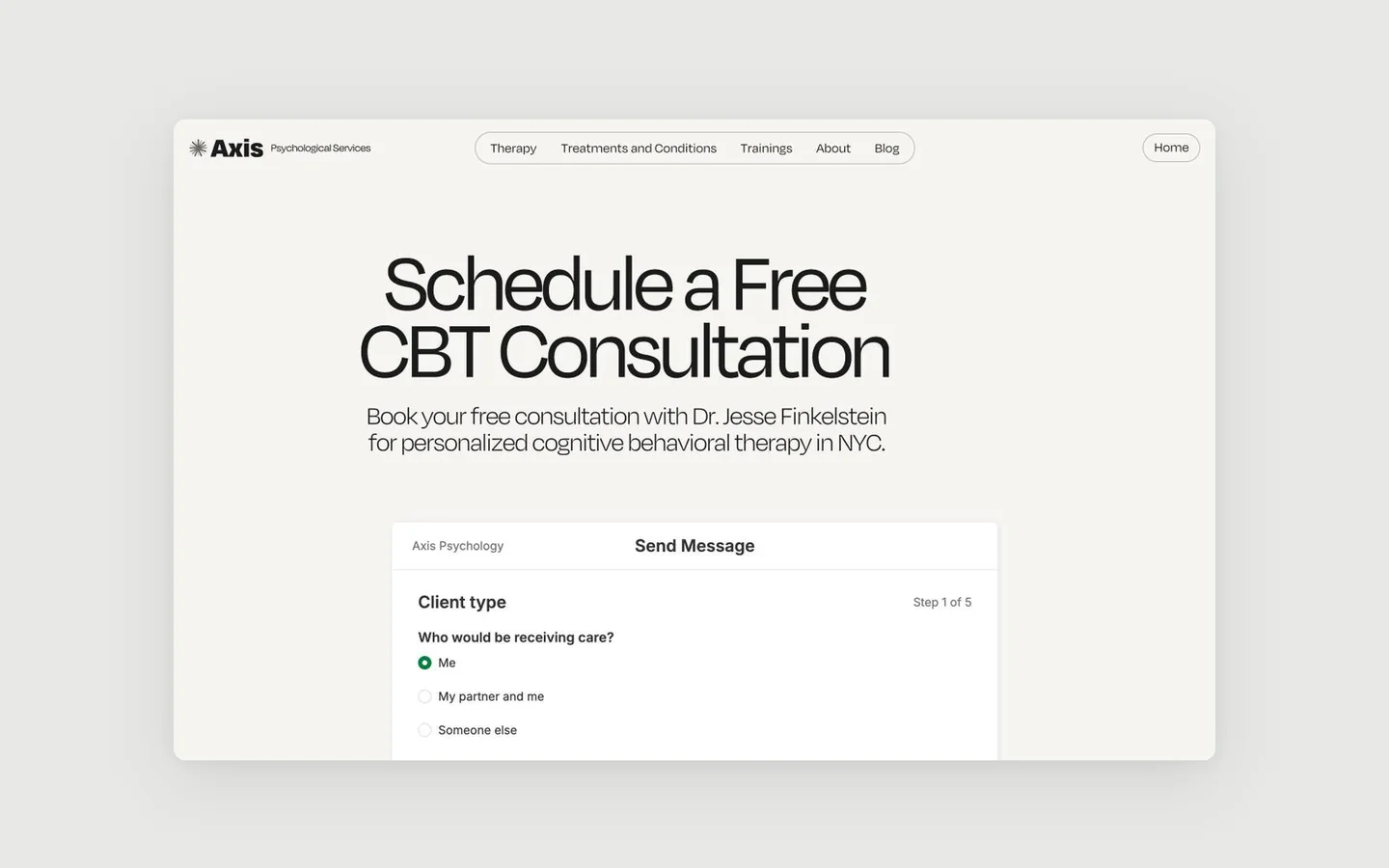 Сторінка Schedule a Free CBT Consultation з короткою покроковою формою заявки