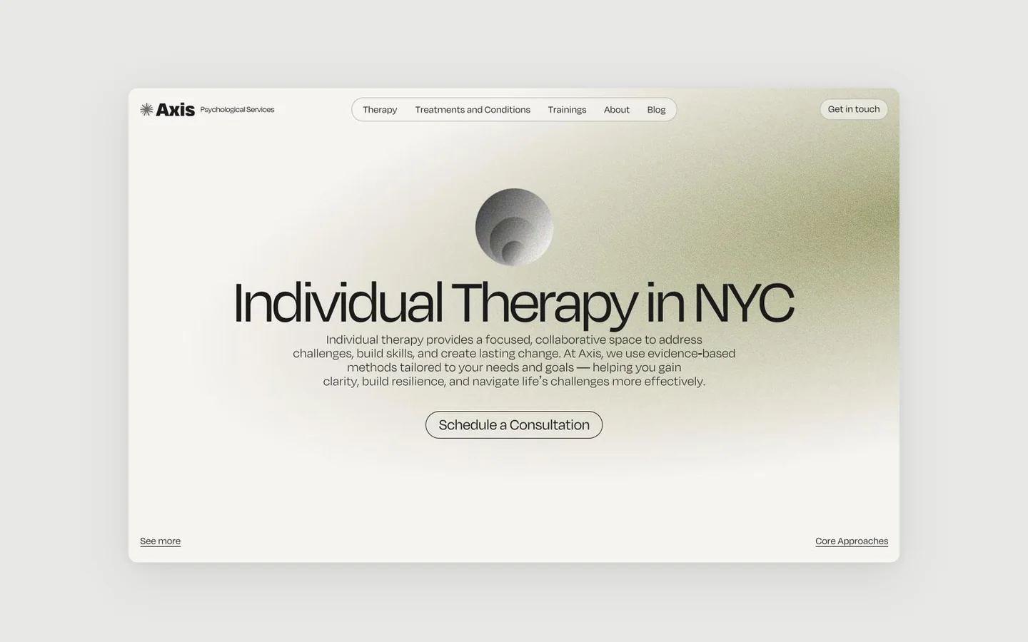Сторінка Individual Therapy in NYC на сайті Axis з м’яким градієнтом і однією кнопкою запису